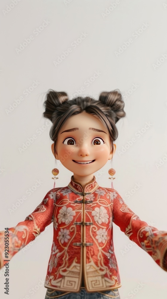 A cheerful animated character wearing a traditional outfit, extending arms in a welcoming gesture. A cheerful animated character wearing a traditional outfit, extending arms in a welcoming gesture.