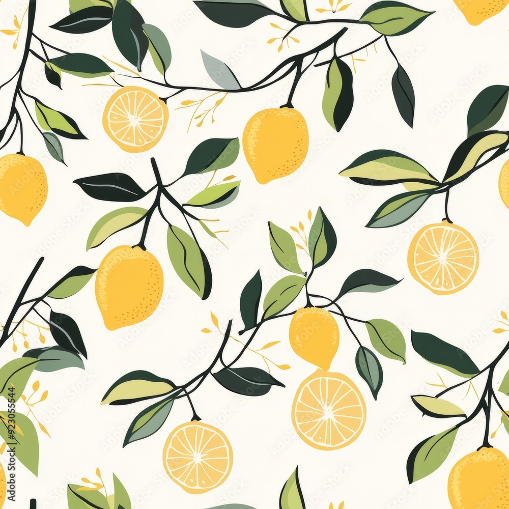 Seamless pattern of lemons hanging from branches with a sunny background Seamless pattern of lemons hanging from branches with a sunny background