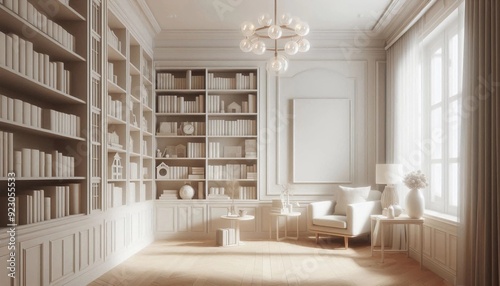 3d rendered library room illustration with realistic style among book and bookshelf. suitable for building image and architecture interior.