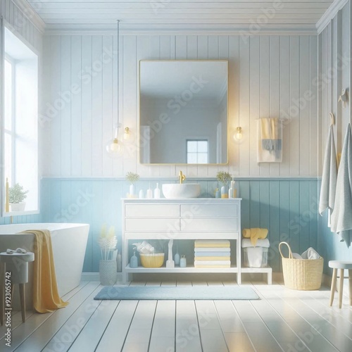 3d rendered bathroom colored grey illustration with realistic style among mirror and bathtab. suitable for building image and architecture interior.