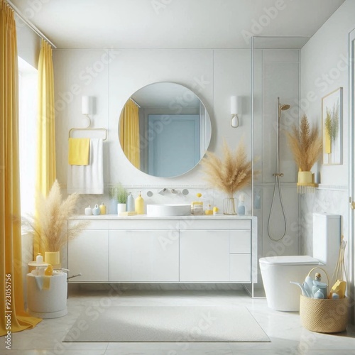 3d rendered bathroom colored yellow illustration with realistic style among mirror and bathtab. suitable for building image and architecture interior.
