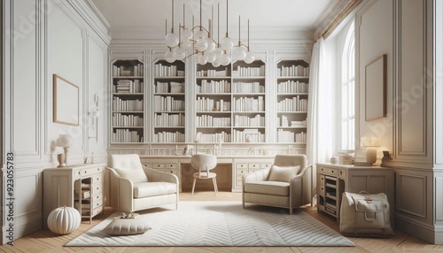 3d rendered library room illustration with realistic style among book and bookshelf. suitable for building image and architecture interior.