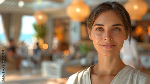 Young woman smiles warmly in a modern cafe with elegant decor and soft lighting during the day Free Download Young woman smiles warmly in a modern cafe with elegant decor and soft lighting during the day - GFXLoad