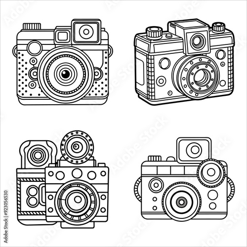 Vintage Camera Coloring Page. Intricate Line Drawing of a Classic Film Camera for Detailed Coloring Fun
