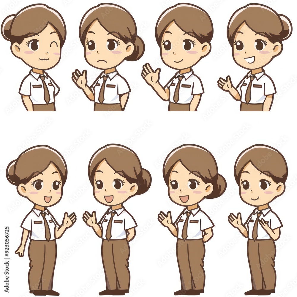 A set of cartoon characters displaying various emotions and gestures in a professional outfit. A set of cartoon characters displaying various emotions and gestures in a professional outfit.
