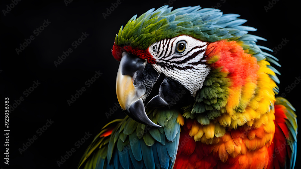 Fototapeta premium araffy parrot with colorful feathers on a black background