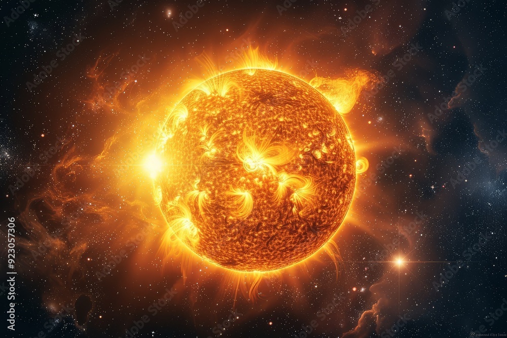 Obraz premium Realistic glowing sun in the center of space, radiating intense light and energy, surrounded by stars in a peaceful and awe-inspiring cosmic scene.