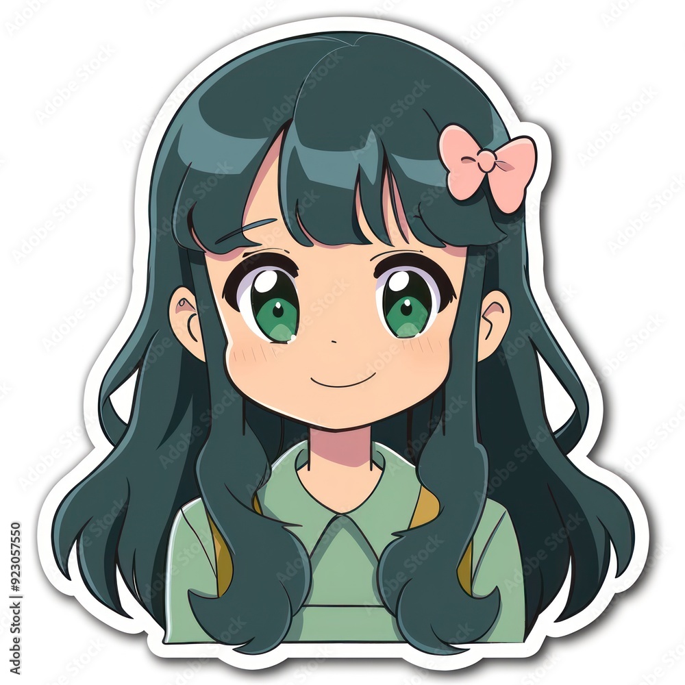 A cute anime-style girl with green eyes and a bow in her hair, smiling warmly. A cute anime-style girl with green eyes and a bow in her hair, smiling warmly.