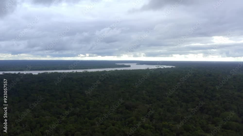 Drone flight over jungle with the amazon river in the background. Cloudy day but amazing colors. Drone flight over jungle with the amazon river in the background. Cloudy day but amazing colors.