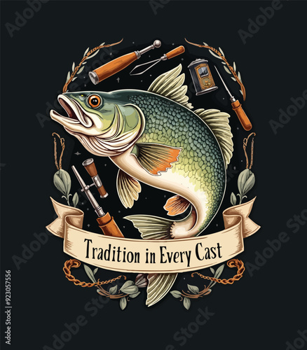 Vintage Vector Art Illustration T-Shirt Design Featuring a Large Vibrant Fish Surrounded by Fishing Equipment and a Beige Ribbon Banner with 'Tradition in Every Cast' Text on a Dark Background