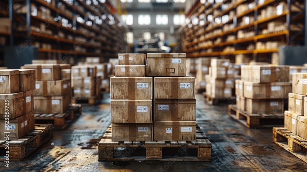 Wooden pallets stacked with cardboard boxes in a large warehouse filled with inventory during daylight hours Wooden pallets stacked with cardboard boxes in a large warehouse filled with inventory during daylight hours