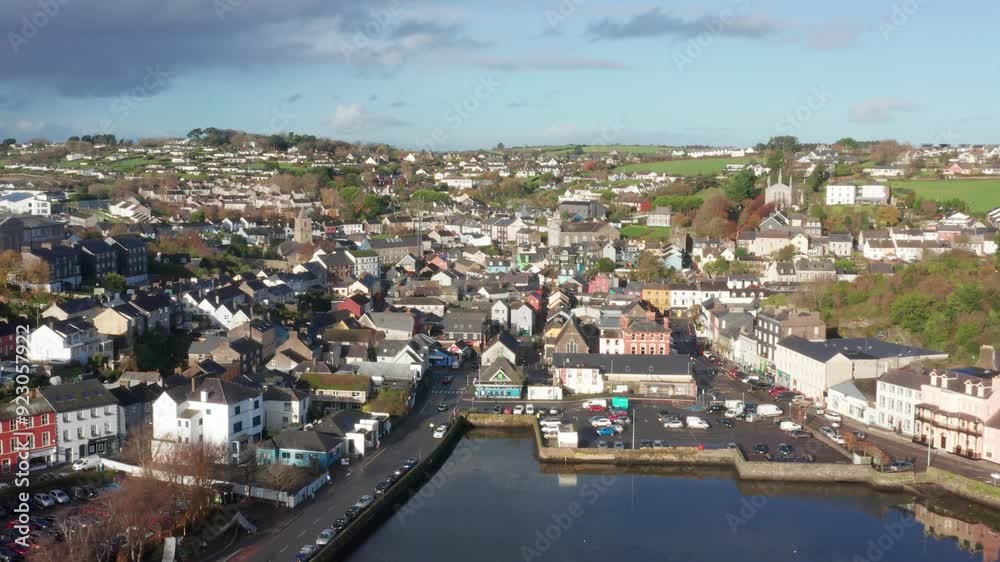 A cinematic aerial revealing the quaint town of Kinsale, Ireland showcasing it's harbour and the River Brandon A cinematic aerial revealing the quaint town of Kinsale, Ireland showcasing it's harbour and the River Brandon