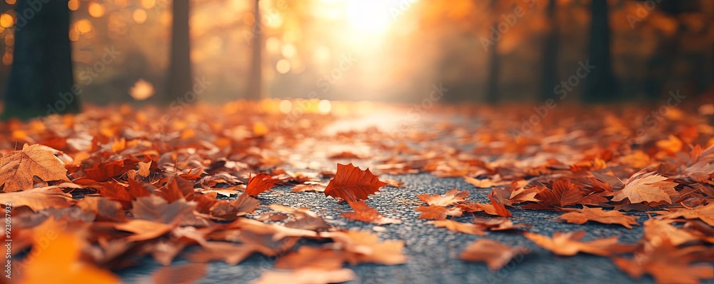 A winding path covered in fallen autumn leaves, with the wind gently scattering them as warm sunlight filters through the trees, autumn wind warmth A winding path covered in fallen autumn leaves, with the wind gently scattering them as warm sunlight filters through the trees, autumn wind warmth