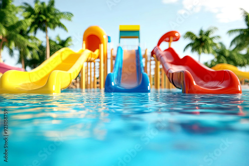 3D water park with slides and splash zones, summer 3D background, fun and exciting