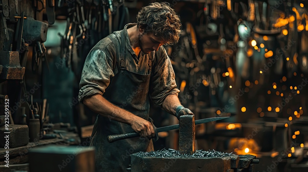 Blacksmith working on metal with a hammer and anvil in a workshop Blacksmith working on metal with a hammer and anvil in a workshop