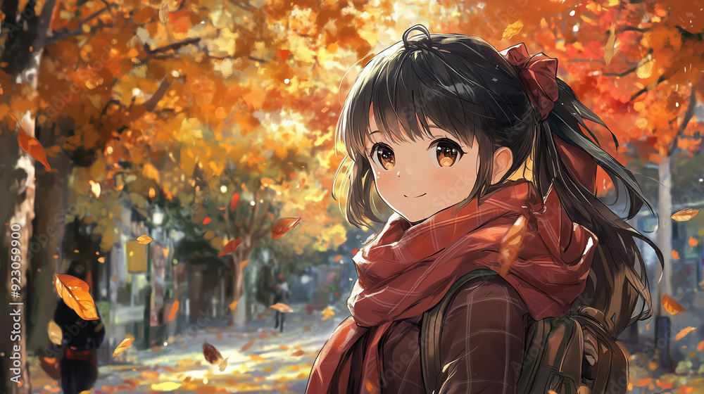 Beautiful and cute anime girls depicted in an autumn season setting, with warm, falling leaves and cozy clothing Beautiful and cute anime girls depicted in an autumn season setting, with warm, falling leaves and cozy clothing