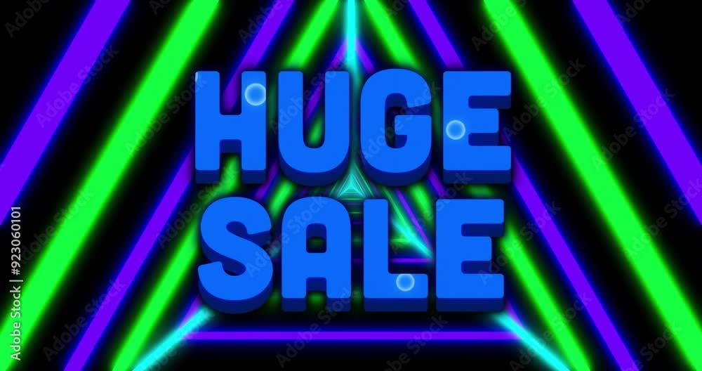 Huge Sale text animation with neon triangle patterns in background Huge Sale text animation with neon triangle patterns in background