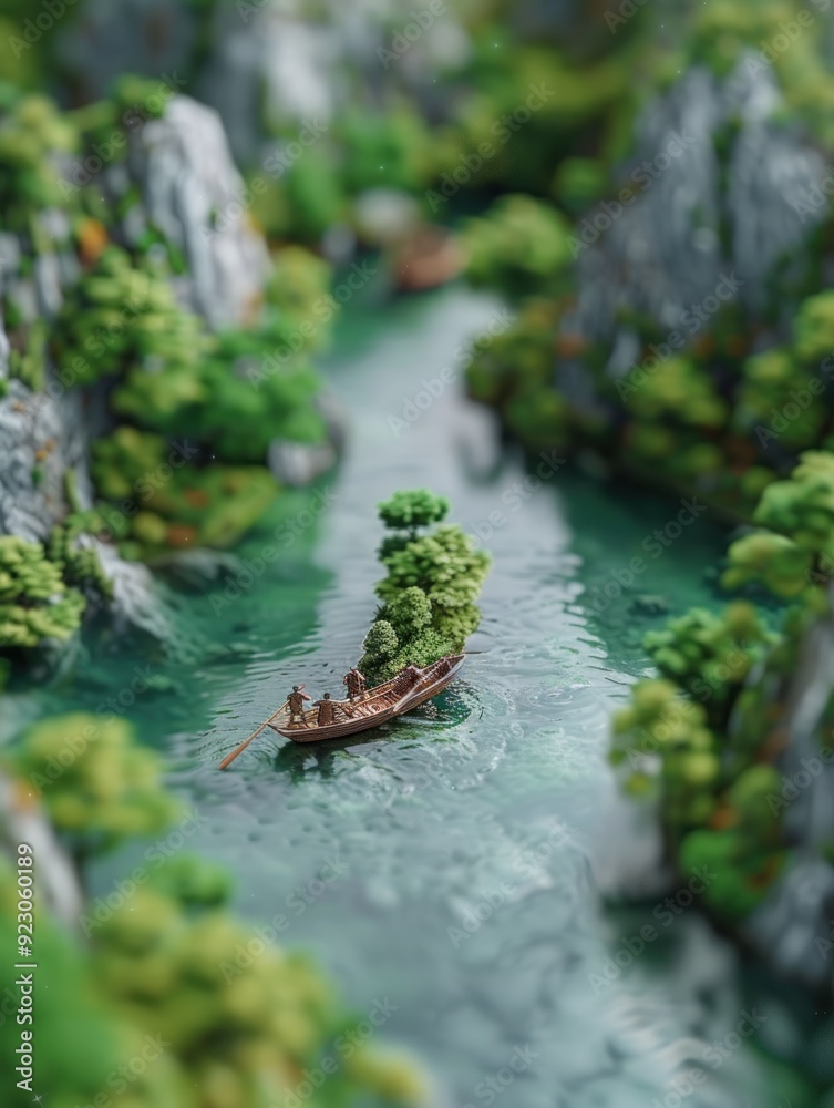 A serene river scene with a boat navigating through lush greenery and rocky cliffs. A serene river scene with a boat navigating through lush greenery and rocky cliffs.