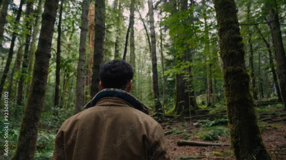 Rear view of a man standing in forest Rear view of a man standing in forest