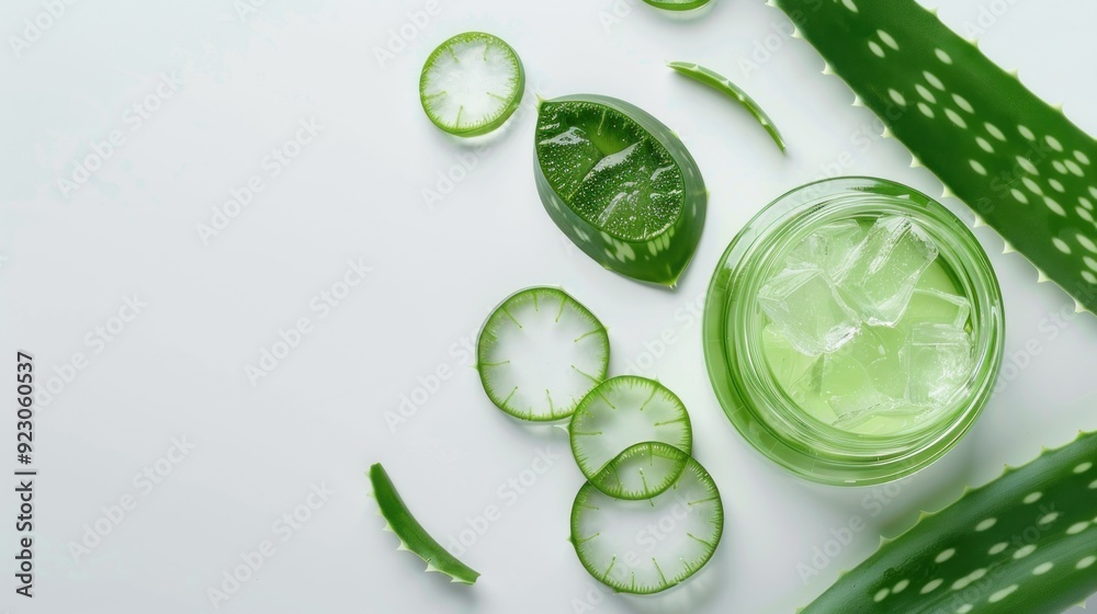 Aloe vera slices and a jar with aloe vera gel and ice on a white background, illustrating natural skin care products or ingredients. Aloe vera slices and a jar with aloe vera gel and ice on a white background, illustrating natural skin care products or ingredients.