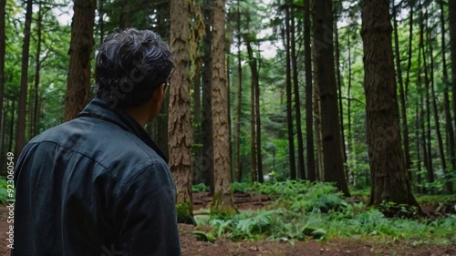 Rear view of man against trees at forest