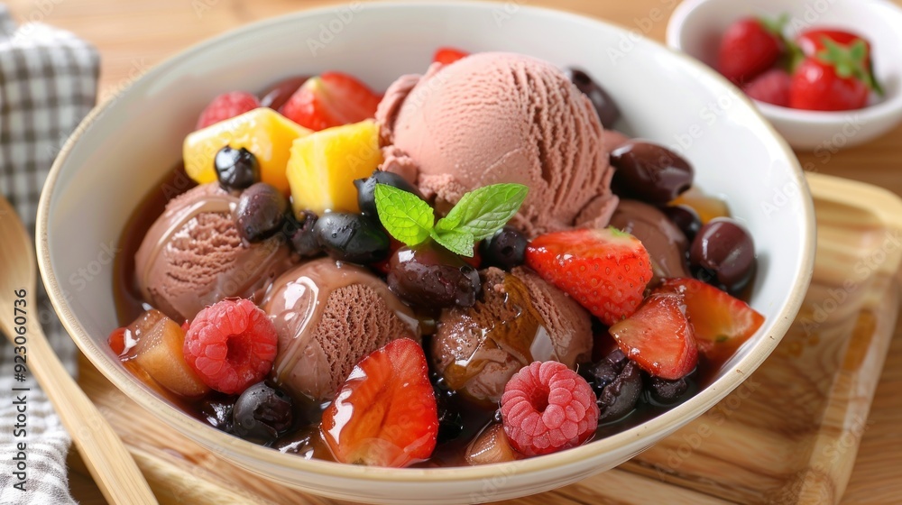 A delicious bowl of chocolate ice cream topped with fruits and syrup. A delicious bowl of chocolate ice cream topped with fruits and syrup.