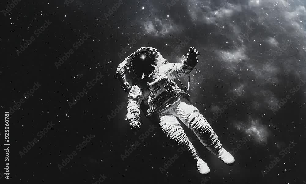 Astronaut in a spacesuit floating in deep space with stars and galaxies in the background, black and white