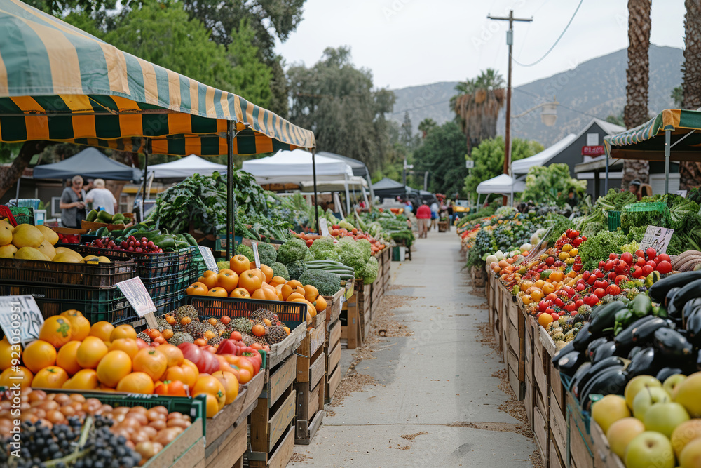 Φωτογραφία Bustling outdoor farmers market with colorful displays of fresh fruits and vegetables under striped canopies