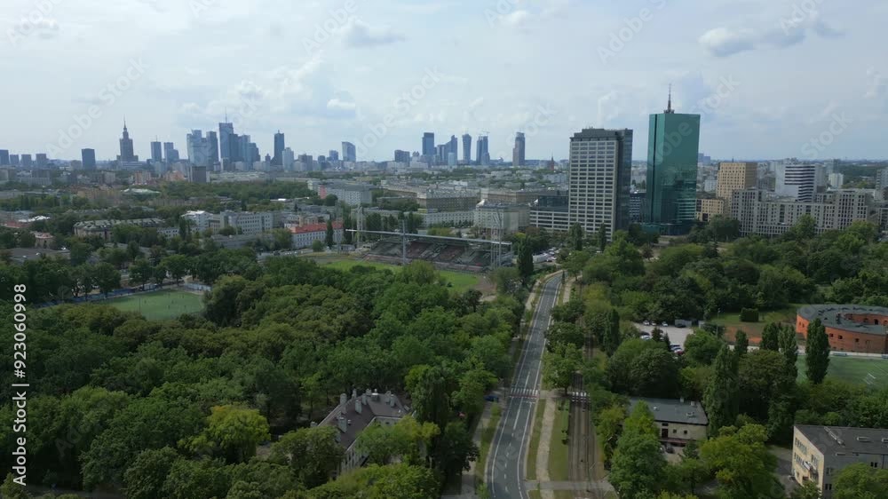 Polonia Warsaw stadium in Warsaw, football team, urban city skyline and skyscrapers in view Polonia Warsaw stadium in Warsaw, football team, urban city skyline and skyscrapers in view