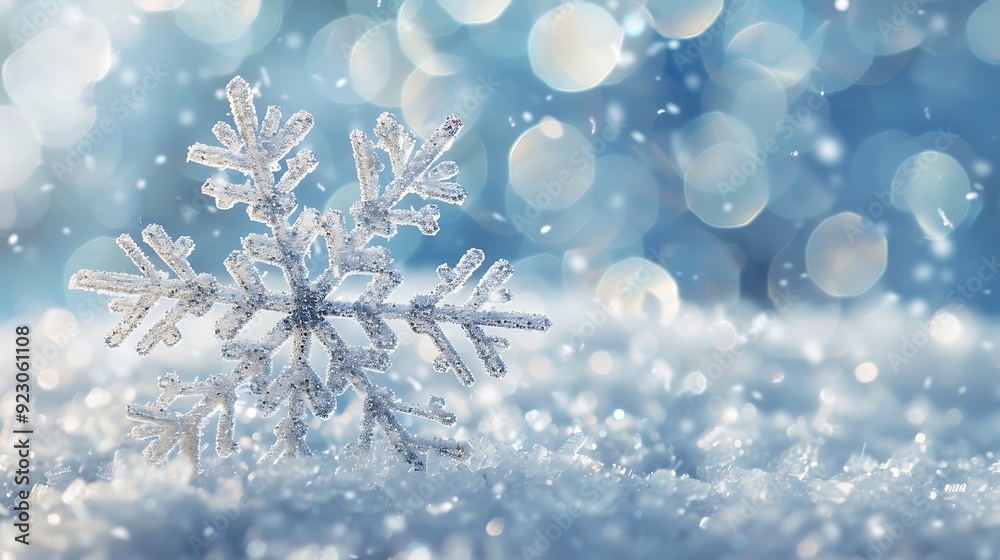 Close-up view of a sparkling snowflake resting in a bed of fresh snow. The background is a soft blur of blue and white, creating a dreamy, wintery atmosphere. Close-up view of a sparkling snowflake resting in a bed of fresh snow. The background is a soft blur of blue and white, creating a dreamy, wintery atmosphere.