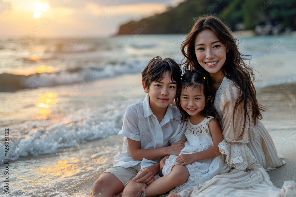 Mother with her two children enjoying a peaceful moment on the beach at sunset, sitting by the shore with gentle waves and warm, golden light. Mother with her two children enjoying a peaceful moment on the beach at sunset, sitting by the shore with gentle waves and warm, golden light.