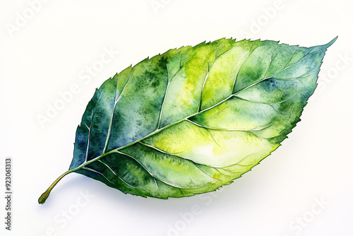  A vibrant green leaf with a yellow tint, painted in watercolor on a white background photo