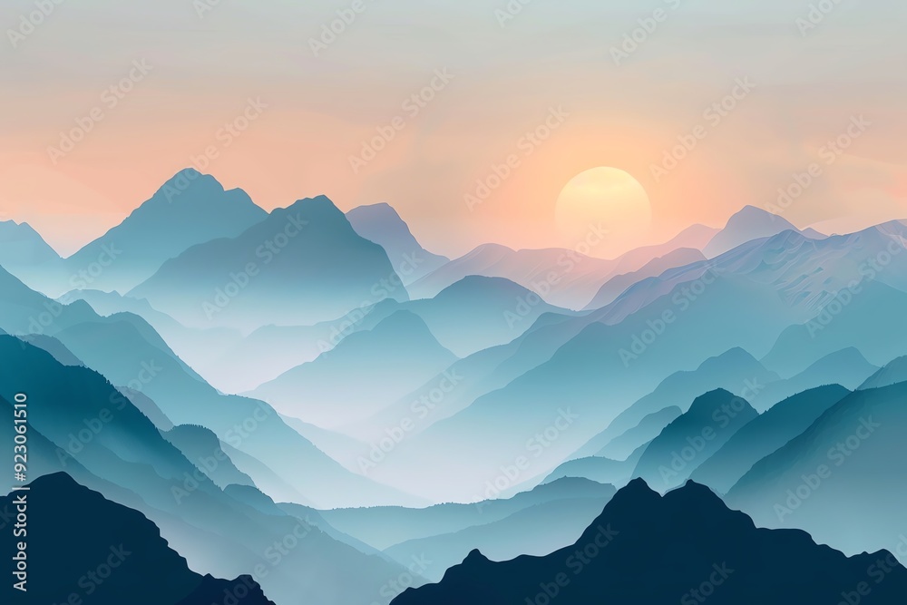 Misty mountains, early dawn, mystical feel, flat design illustration Misty mountains, early dawn, mystical feel, flat design illustration