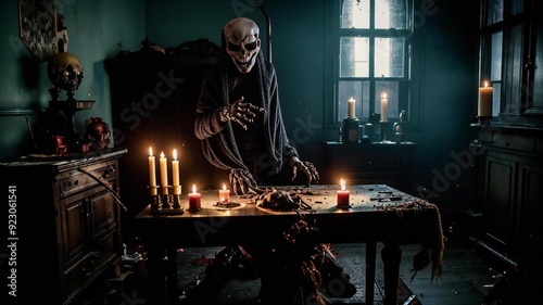 Night, darkness, candles. Old dusty room, antique furniture, a monster sitting in the middle, a scene for horror movies