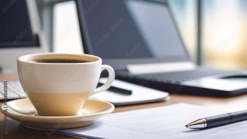 Morning coffee on the document desk, bokeh office background 