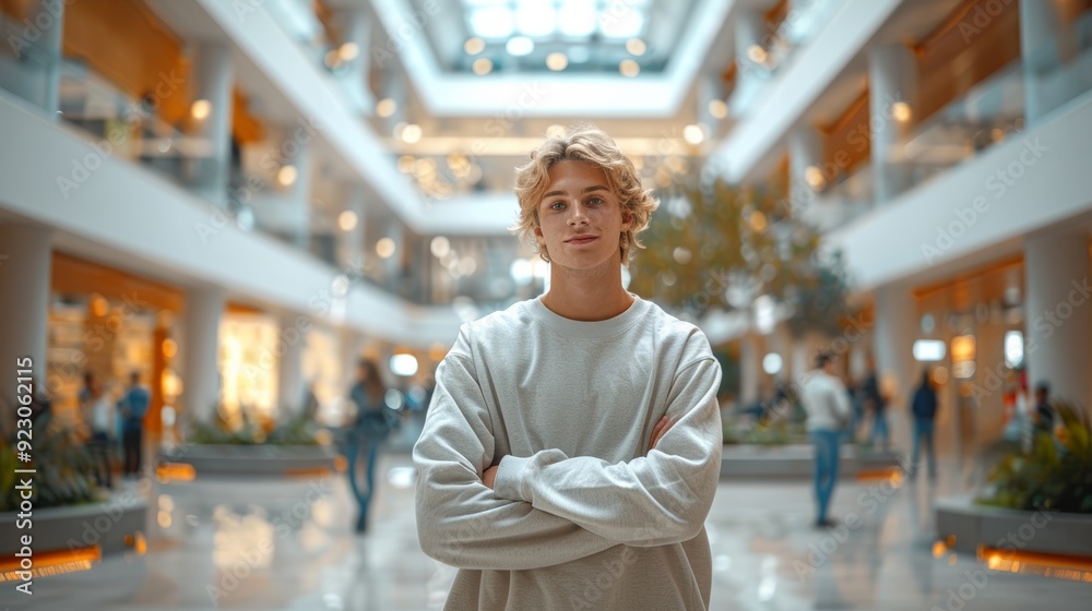 Fototapeta premium Young man standing confidently in a modern shopping mall with bright lighting and shoppers in the background
