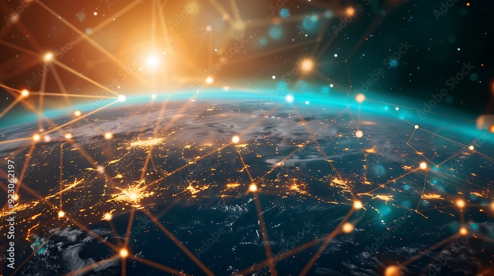 Depiction of the world's interconnectedness, showing a network of lines and dots extending from the earth into space, symbolizing global communication and digital technology. Depiction of the world's interconnectedness, showing a network of lines and dots extending from the earth into space, symbolizing global communication and digital technology.