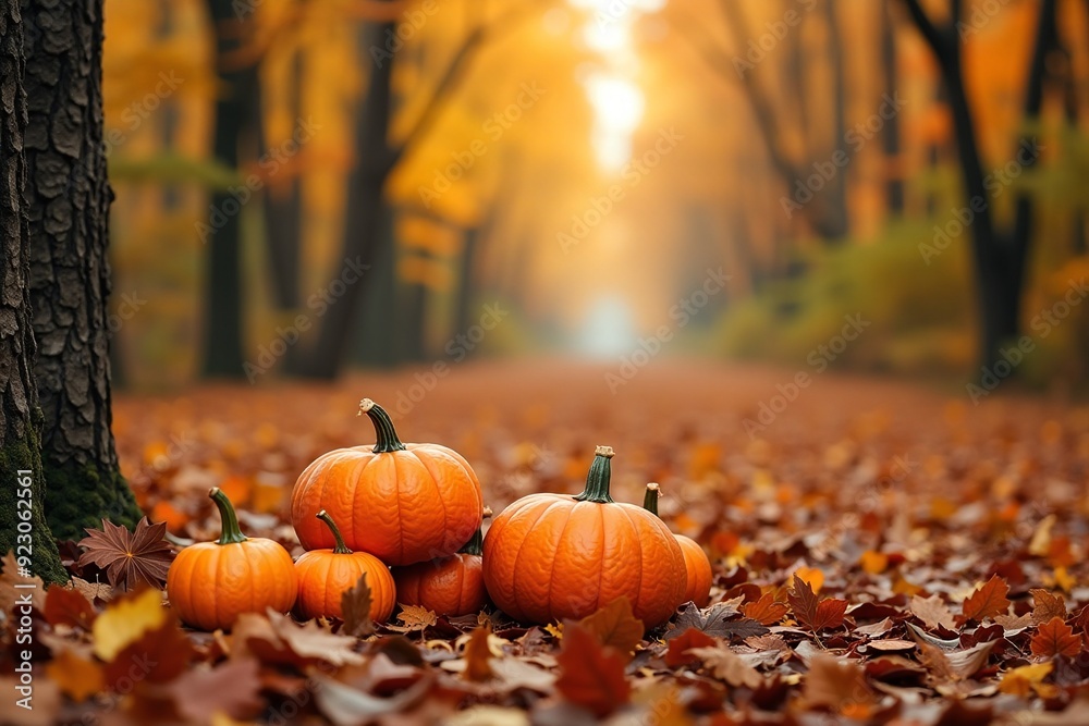 Pumpkins with Autumn Charm Resting on Fallen Leaves Against Misty Forest Path Pumpkins with Autumn Charm Resting on Fallen Leaves Against Misty Forest Path