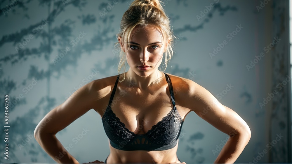 Obraz premium Dynamic and strong Caucasian lingerie model in mid action performing Pilates bridge pose wearing supportive