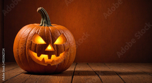 Halloween, big orange pumpkin on wooden table, blurred background, copy space. Generative AI