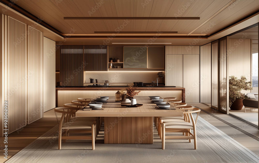 a luxurious Japanese styled dining room with large wooden dining table a luxurious Japanese styled dining room with large wooden dining table