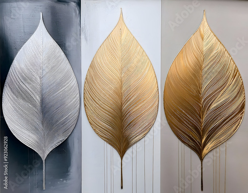 a set of three elegant golden and silver tree leaves set against a modern abstract painting background. The design should evoke a sense of luxury and sophistication, making it ideal for wall art and h