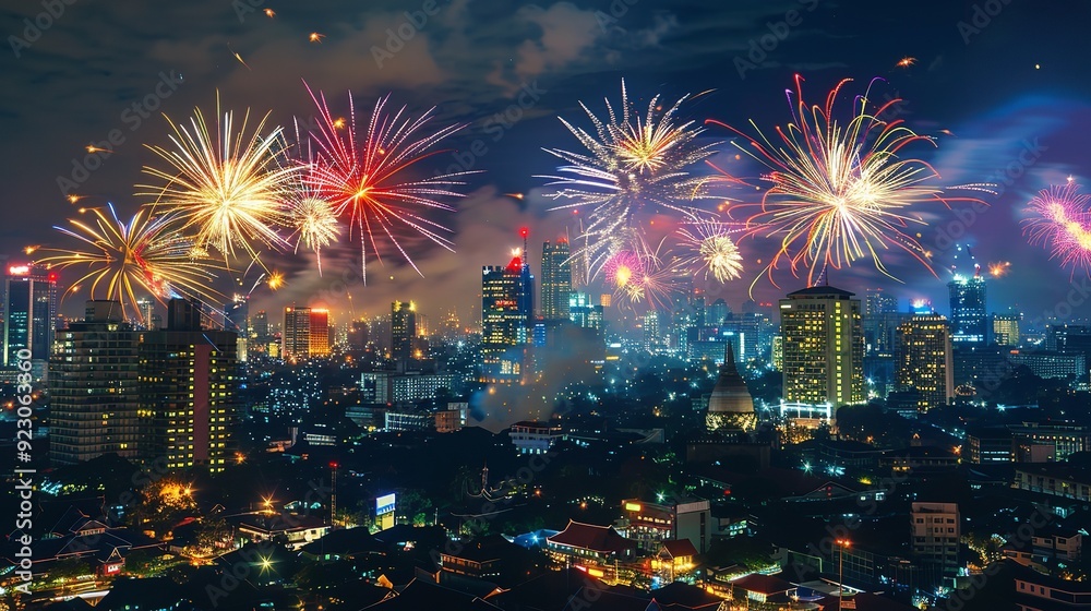 Vibrant Fireworks Lighting Up the Jakarta Skyline in Festive Atmosphere