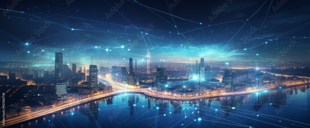 Abstract cityscape with digital data lines and night sky, futuristic skyline background. Concept of global network connection technology in an urban environment. 