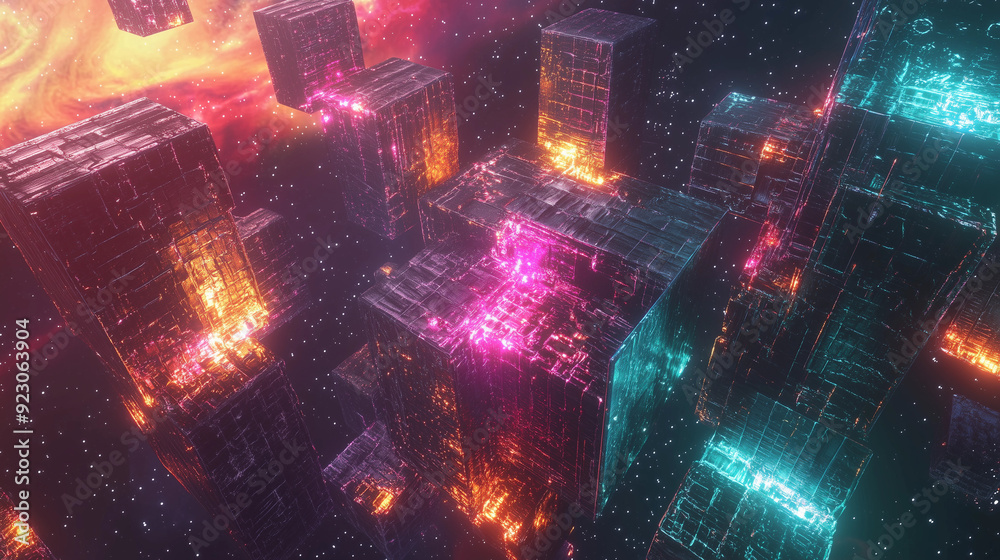 A universe backdrop with star-like blocks forming a tech shape, centered around a high-tech device, radiating collaborative energy.
