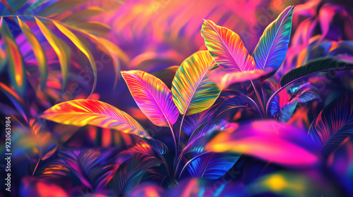 Neon rainbow-colored plants with exotic tropical foliage in a vibrant flora background