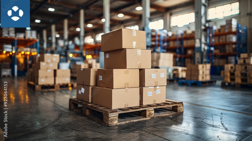 Stacked cardboard boxes on a wooden pallet in a warehouse during daylight Stacked cardboard boxes on a wooden pallet in a warehouse during daylight