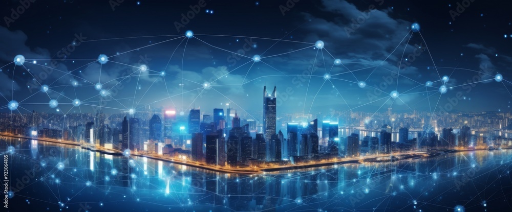 Abstract cityscape with digital data lines and night sky, futuristic skyline background. Concept of global network connection technology in an urban environment. Abstract cityscape with digital data lines and night sky, futuristic skyline background. Concept of global network connection technology in an urban environment.