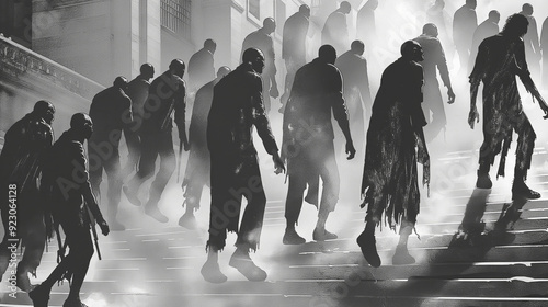 Horde of Zombies Ascending Foggy Staircase, Grayscale Horror Halloween  Illustration