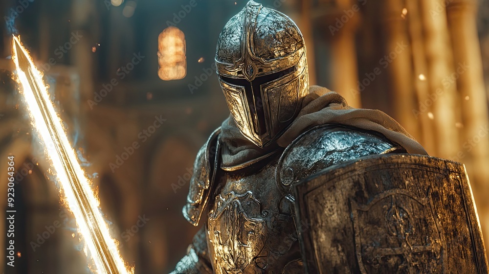 Obraz premium A Knight in Shining Armor With a Blazing Sword